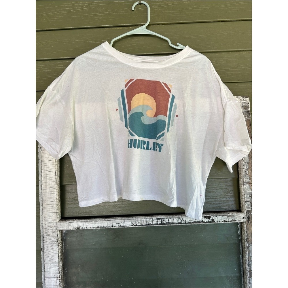 Hurley Womens White Cropped Graphic T-Shirt‎ Retro Wave Sunset Boxy Tee Large